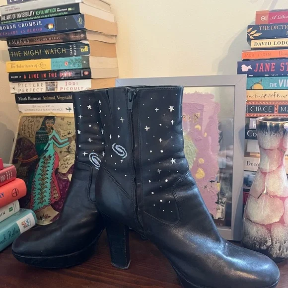 Marc Fisher Black Heeled Boots with Celestial Design - Picture 2 of 6